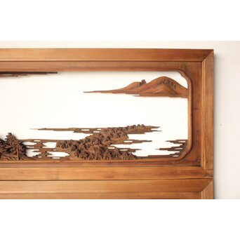 井波彫刻 野村清雲 細密木彫楼閣山水 欄間 2枚1組　R0538 