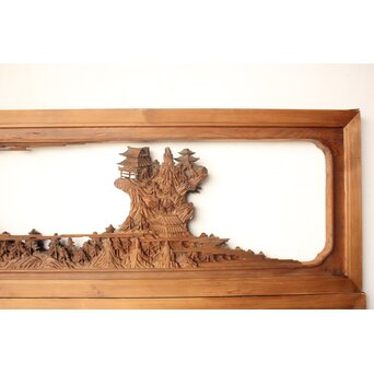 井波彫刻 野村清雲 細密木彫楼閣山水 欄間 2枚1組　R0538 