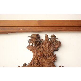 井波彫刻 野村清雲 細密木彫楼閣山水 欄間 2枚1組　R0538 