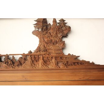 井波彫刻 野村清雲 細密木彫楼閣山水 欄間 2枚1組　R0538 