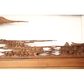 井波彫刻 野村清雲 細密木彫楼閣山水 欄間 2枚1組　R0538 