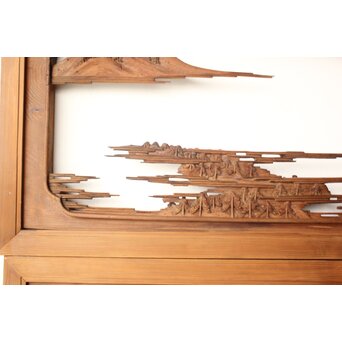 井波彫刻 野村清雲 細密木彫楼閣山水 欄間 2枚1組　R0538 