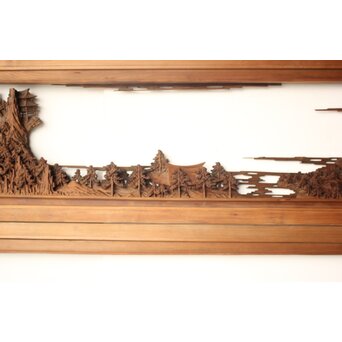 井波彫刻 野村清雲 細密木彫楼閣山水 欄間 2枚1組　R0538 