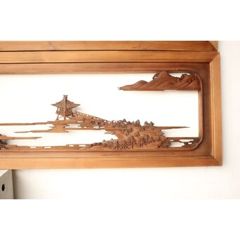 井波彫刻 野村清雲 細密木彫楼閣山水 欄間 2枚1組　R0538 