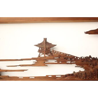 井波彫刻 野村清雲 細密木彫楼閣山水 欄間 2枚1組　R0538 