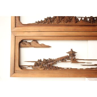 井波彫刻 野村清雲 細密木彫楼閣山水 欄間 2枚1組　R0538 