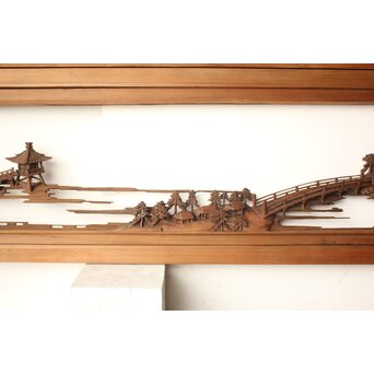 井波彫刻 野村清雲 細密木彫楼閣山水 欄間 2枚1組　R0538 