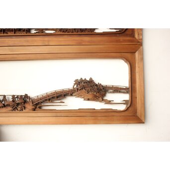 井波彫刻 野村清雲 細密木彫楼閣山水 欄間 2枚1組　R0538 