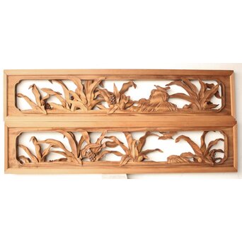 井波彫刻 岩倉勘宰 粟に鳥 木彫欄間 2枚1組　R0539