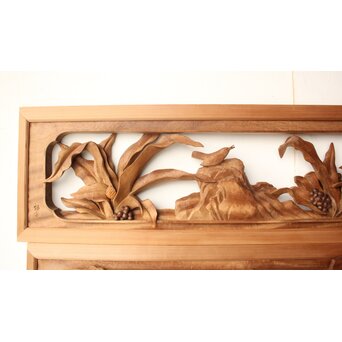 井波彫刻 岩倉勘宰 粟に鳥 木彫欄間 2枚1組　R0539 