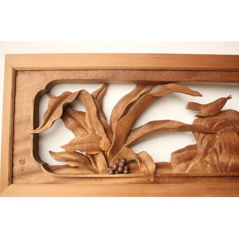 井波彫刻 岩倉勘宰 粟に鳥 木彫欄間 2枚1組　R0539 