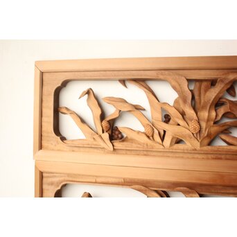 井波彫刻 岩倉勘宰 粟に鳥 木彫欄間 2枚1組　R0539 