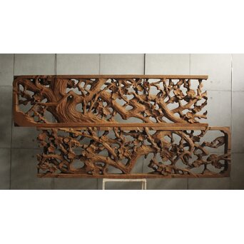 荒彫 堅木梅木彫大欄間 2枚1組　R0540