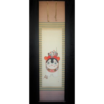 鳥居派宗家7代【4代 鳥居清忠】絹本着色軸装 日本一 桃太郎 浮世絵　Z809 