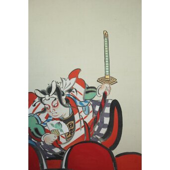 鳥居派宗家7代【4代 鳥居清忠】絹本着色軸装 日本一 桃太郎 浮世絵　Z809 