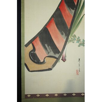 鳥居派宗家7代【4代 鳥居清忠】絹本着色軸装 節句 刀 五月　Z810 