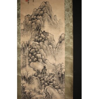 呉待秋 水墨山水 紙本掛軸　Z816 