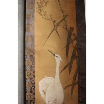 倣 酒井抱一 鶴図 絹本掛軸　Z832 