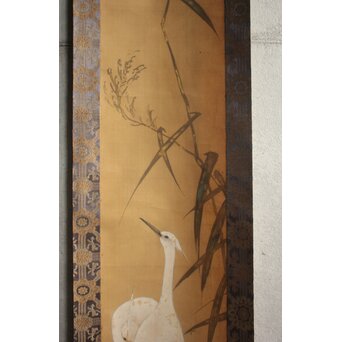 倣 酒井抱一 鶴図 絹本掛軸　Z832 