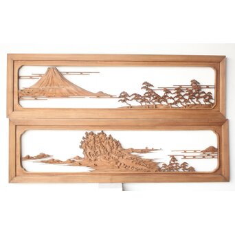 大島五雲系 木彫欄間 2枚1組　R0565