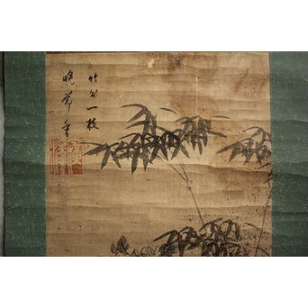 細井広沢/廣澤 竹菊図 紙本掛軸　Z918 