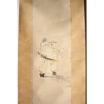 鈴木百年 牛若丸と弁慶 双幅掛軸　Z928 