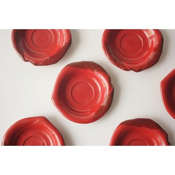 守屋松亭 桃乾漆 茶托 六客　Q407 