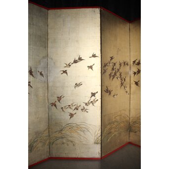 秋草に雀 銀屏風 六曲半双　Z932 