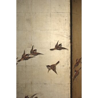 秋草に雀 銀屏風 六曲半双　Z932 