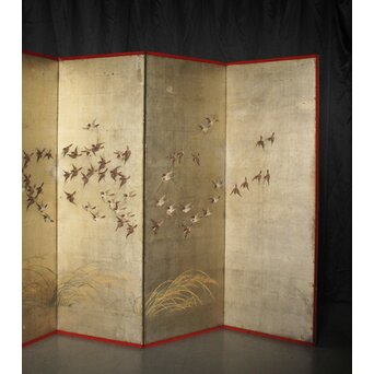 秋草に雀 銀屏風 六曲半双　Z932 