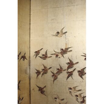 秋草に雀 銀屏風 六曲半双　Z932 