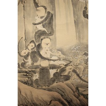 狩野探幽意 石舟筆 群猿図 紙本掛軸　Z939 