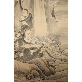 狩野探幽意 石舟筆 群猿図 紙本掛軸　Z939 