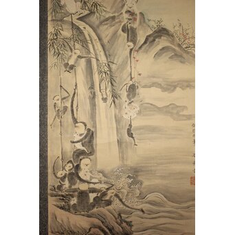 狩野探幽意 石舟筆 群猿図 紙本掛軸　Z939 