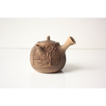 聴松園 米和亭造 竹根意 楼閣山水図 白泥急須　P647