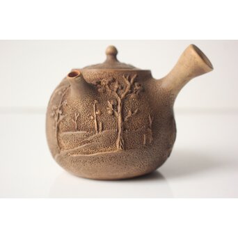 聴松園 米和亭造 竹根意 楼閣山水図 白泥急須　P647 