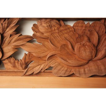 川原和夫 牡丹 木彫欄間 2枚1組　R0566 