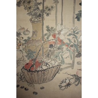 松岡環翠 花鳥果菜図 屏風　Z967 