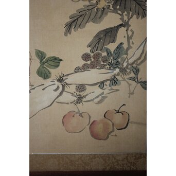 松岡環翠 花鳥果菜図 屏風　Z967 