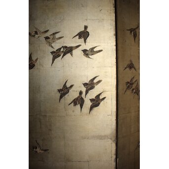 秋草に雀 銀屏風 六曲半双　Z968 