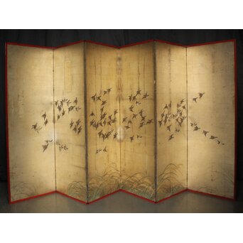 秋草に雀 銀屏風 六曲半双　Z968