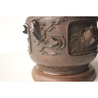 翠松亭梅や造 鋳造 鯉 銅火鉢一対　M493 