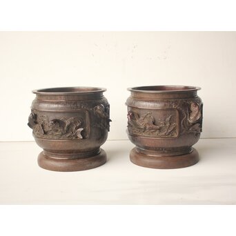 翠松亭梅や造 鋳造 鯉 銅火鉢一対　M493