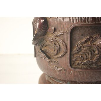 翠松亭梅や造 鋳造 鯉 銅火鉢一対　M493 