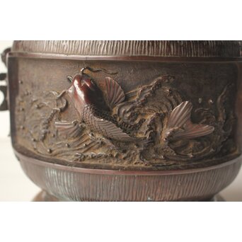 翠松亭梅や造 鋳造 鯉 銅火鉢一対　M493 