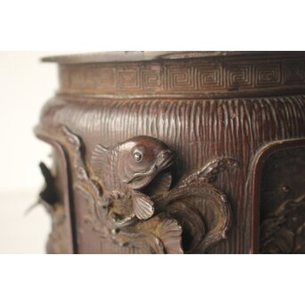 翠松亭梅や造 鋳造 鯉 銅火鉢一対　M493 