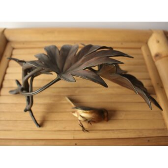 清明銘 八手文鳥 金工 置物　M494 