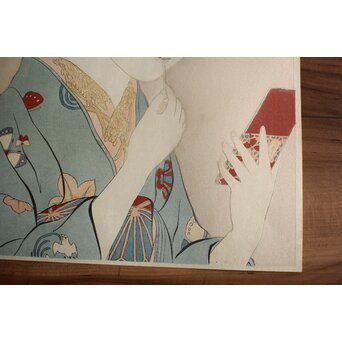 橋口五葉 紅筆を持てる女 木版画　Z980 