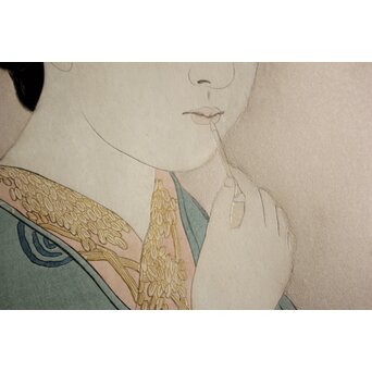 橋口五葉 紅筆を持てる女 木版画　Z980 