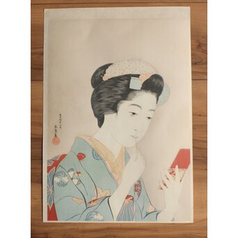 橋口五葉 紅筆を持てる女 木版画　Z980